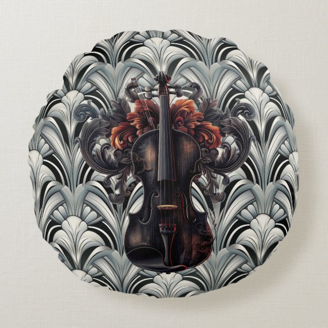 Black Violin i Art Deco GMajor Round Dekorativ kud Rund Kudde (Framsidan)