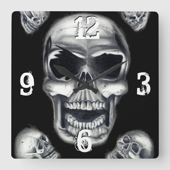 Black Wall Clock för mänskliga Döskallar Fyrkantig Klocka (Framsida)