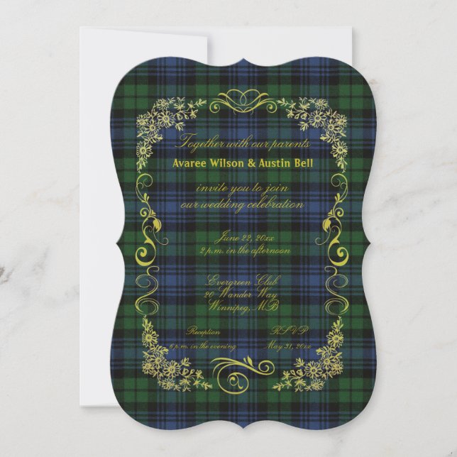 Black Watch Ancient Tartan Med Guld Ram Inbjudningar (Framsida)