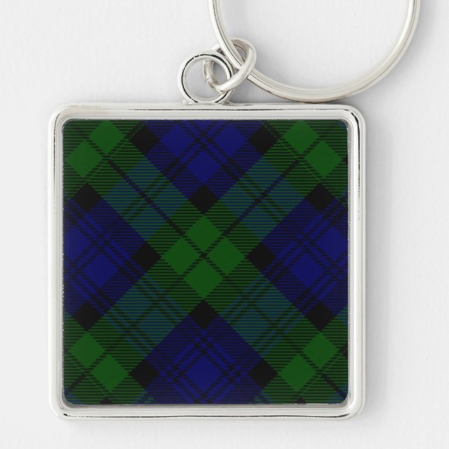 Black Watch Tartan Blue Grönt Play Fyrkantig Silverfärgad Nyckelring (Framsidan)