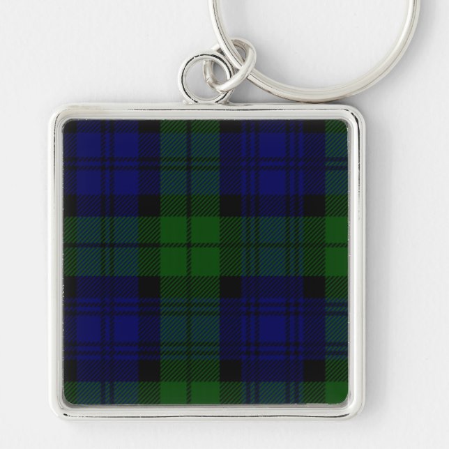 Black Watch Tartan Blue Grönt Play Fyrkantig Silverfärgad Nyckelring (Framsidan)