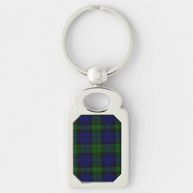 Black Watch Tartan Blue Grönt Play Rektangulärt Silverfärgad Nyckelring (Framsidan)