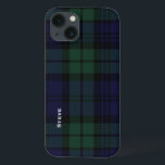 Black Watch Tartan Play<br><div class="desc">Handsome iphone case gjorde på mörk blått och grönt Black Watch-tjärtan plaid. Anpassa den vita texten,  dra åt lämnat sida,  åt dig själv eller som en underbar presentidé. Snyggtens sätt att skydda din elektroniska enhet.</div>
