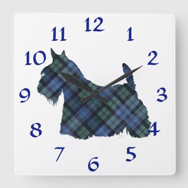 Black Watch Tartan Scottish Terrier Fyrkantig Klocka (Framsida)