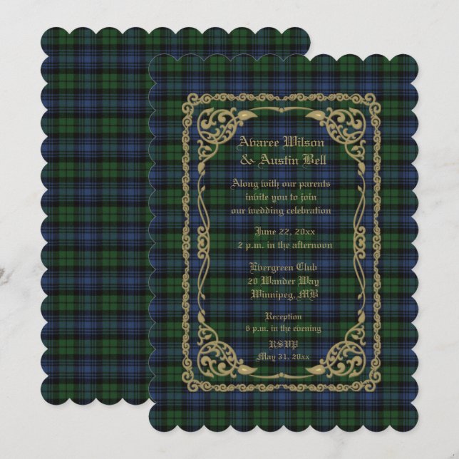 Black Watch  Uråldrig Tartan Med Guldram Inbjudningar (Fram/baksida)