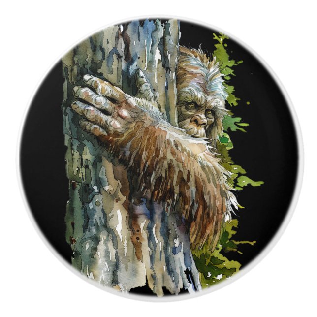 Black Watercolor Bigfoot Hiding Forest   Knopp (Framsidan)