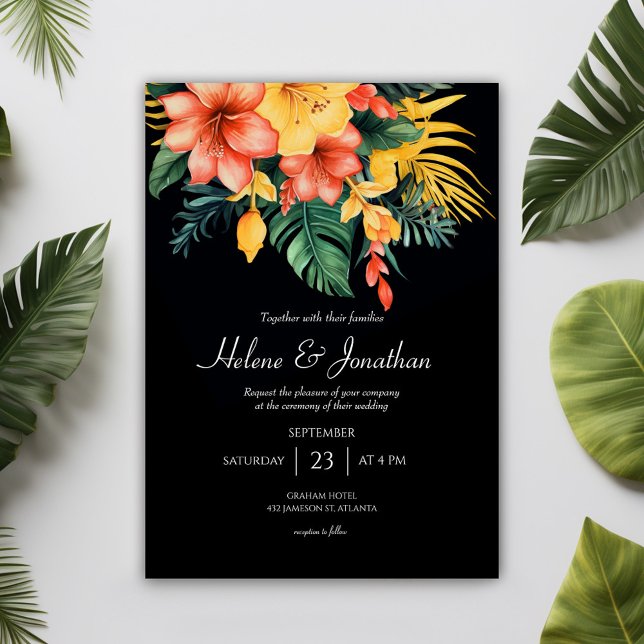 Black Watercolor Blommigt Tropical Bröllop Inbjudningar (Black Watercolor Floral Tropical Wedding Invitation)