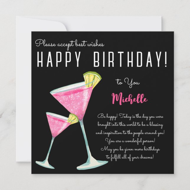 Black Watercolor Cocktail grattis på födelsedagen Kort (Framsida)