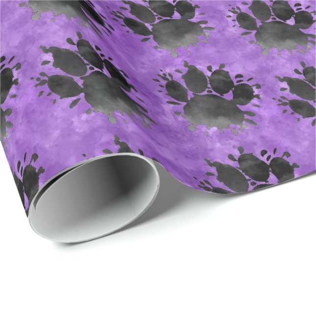 Black Watercolor Dog Paw Print Pattern Purple Presentpapper (Rullad Hörn)