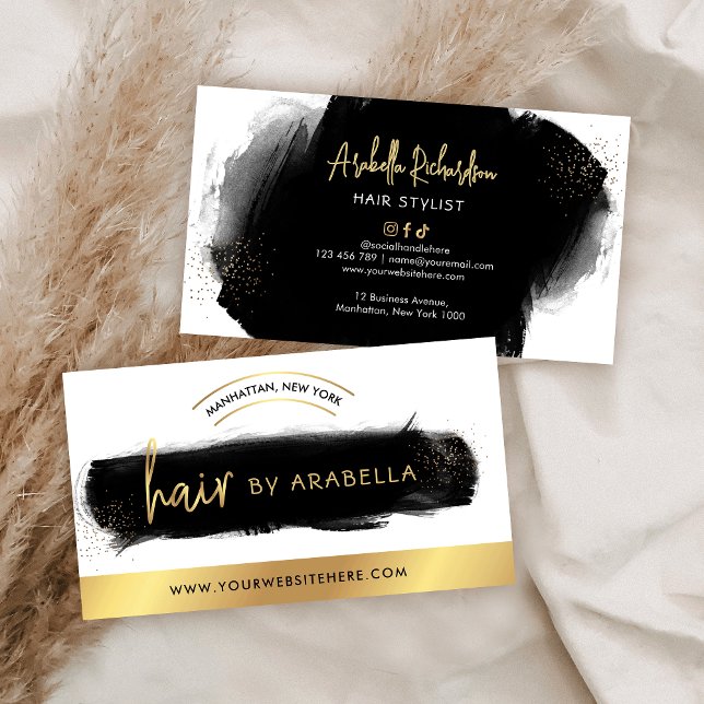 Black Watercolor Guld Hairdresser Hair Salon Visitkort (Black watercolor and faux gold hair salon business cards design)