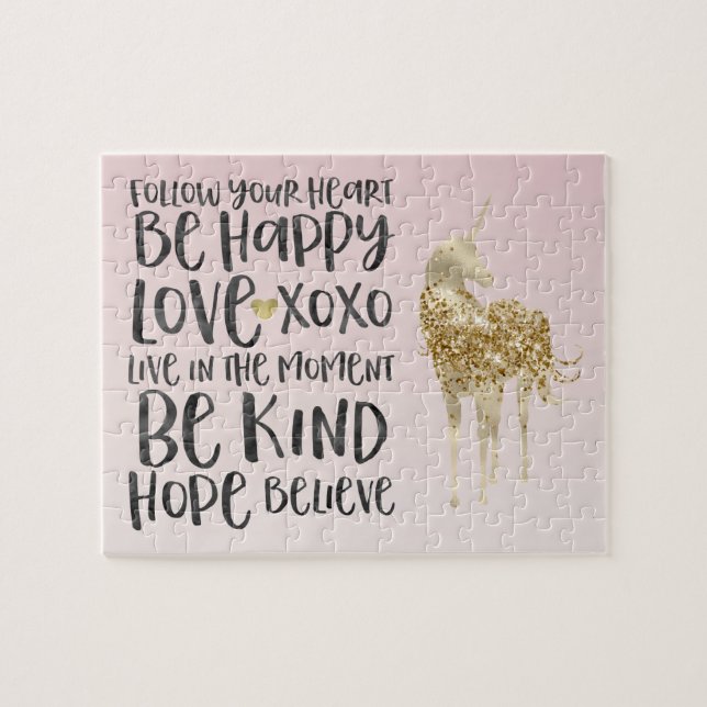 Black Watercolor Inspirational Gold Unicorn Pussel (Horisontell)
