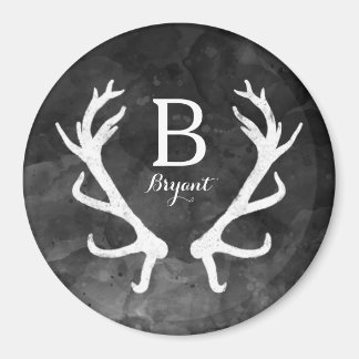 Black Watercolor och Rustic Hjort Antlers Monogram Magnet