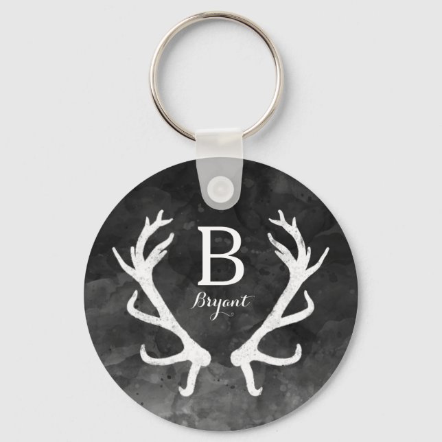 Black Watercolor och Rustic Hjort Antlers Monogram Nyckelring (Framsida)