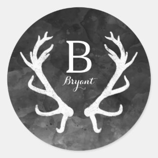 Black Watercolor och Rustic Hjort Antlers Monogram Runt Klistermärke
