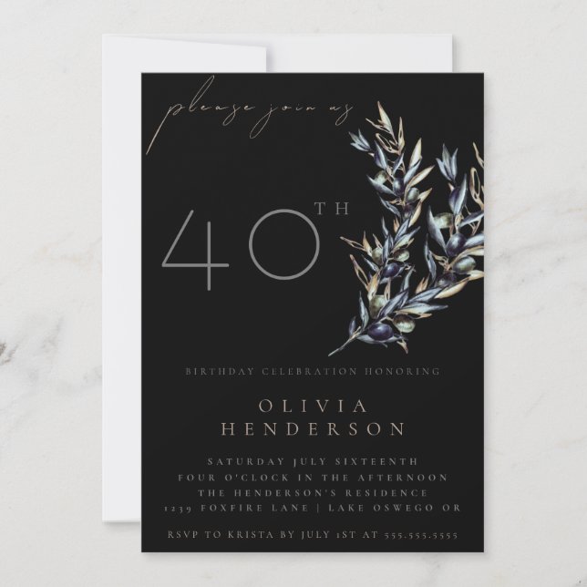 Black Watercolor Olive Branch Birthday Invitation Inbjudningar (Framsida)