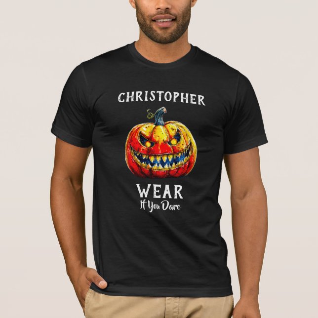 Black Wear if you dare Halloween Smiling Pumpkin T Shirt (Framsida)