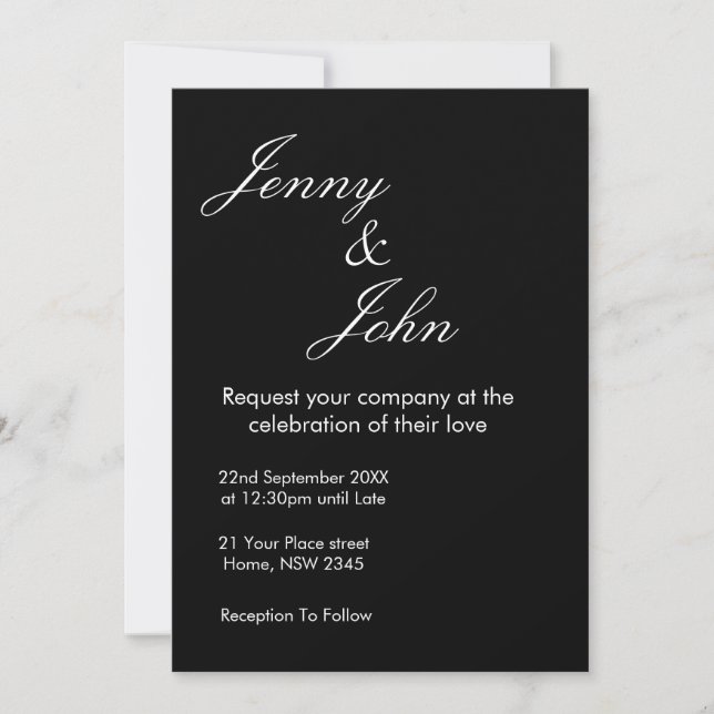 Black Wedding Invitation with White Text | Elegant Inbjudningar (Framsida)