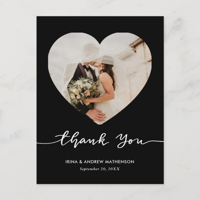 Black Wedding Thank You Script Heart Photo Vykort (Framsida)