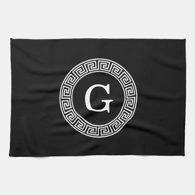 Black Whet Grekiska Nyckel Rnd Ram Initial Monogra Kökshandduk (Horisontell)