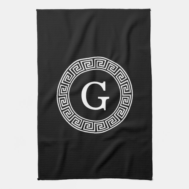 Black Whet Grekiska Nyckel Rnd Ram Initial Monogra Kökshandduk (Vertikal)