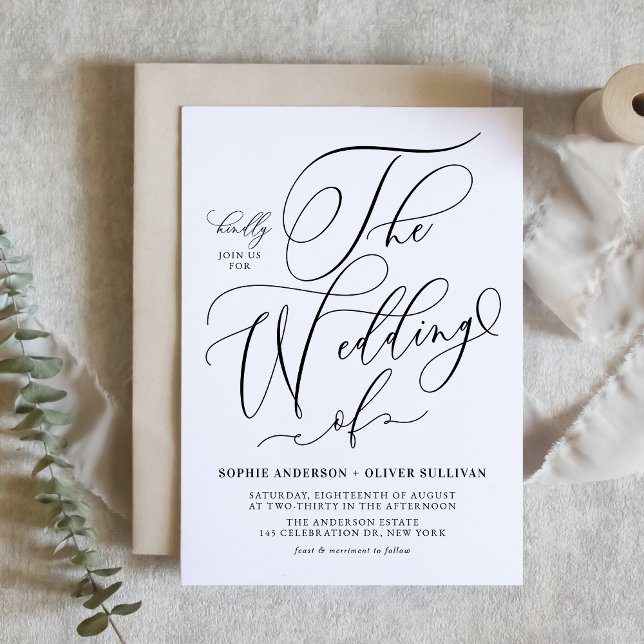 Black Whimsical Calligraphy Bröllop Inbjudan Vykort (Black Whimsical Calligraphy Wedding Invitation Postcard)