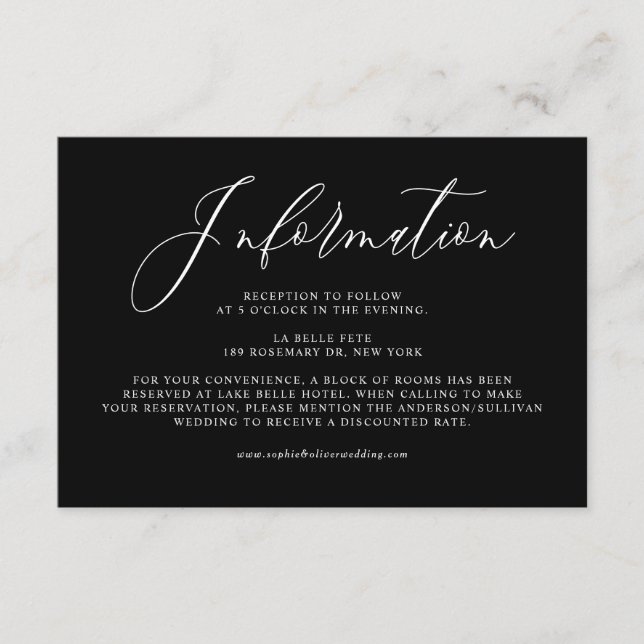 Black Whimsical Calligraphy Bröllop Information Tilläggskort (Framsida)