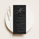 Black Whimsical Calligraphy Bröllop Meny<br><div class="desc">Ange tonen för mottagningen med det här bröllop-menykortet för anpassade med visuell kalligrafi och en ren elegant-layout. Designat till kostym, vilket tema eller vilken årstid som helst, tillför det här menykortet en tankfull avslutande beröring till inställningarna i bord samtidigt som gästerna informeras om måltiden. Anpassa kortet med dina menyval och...</div>