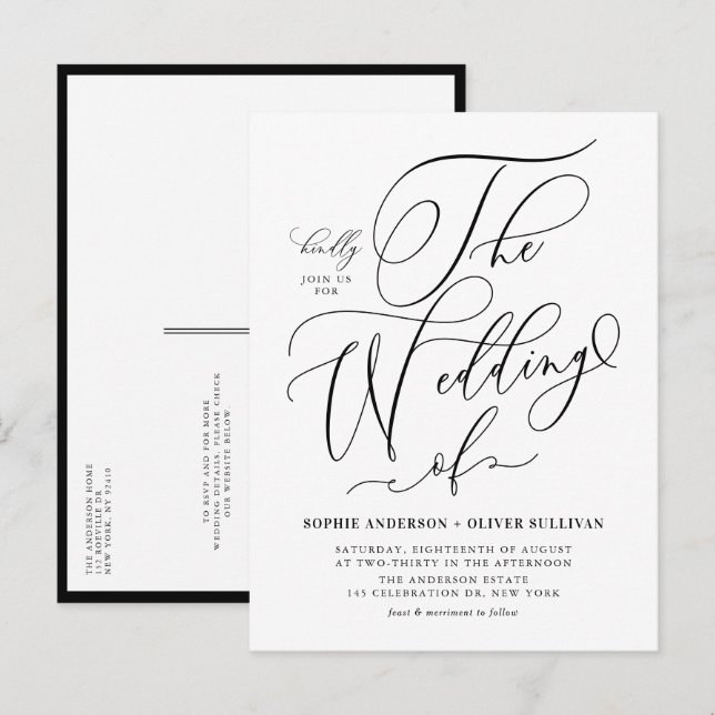 Black Whimsical Calligraphy Bröllop QR-kod Inbjudan Vykort (Fram/baksida)