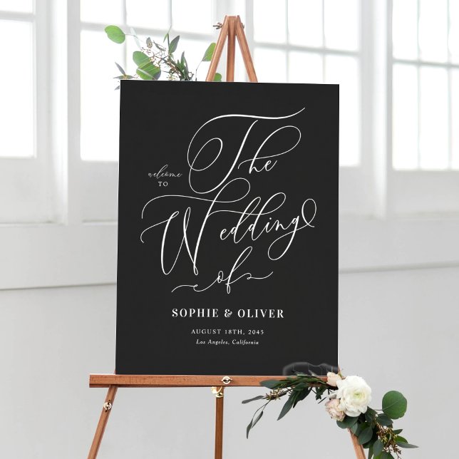 Black Whimsical Calligraphy Bröllop Welcome Poster (Customizable Black and White Whimsical Calligraphy Wedding Welcome Sign)