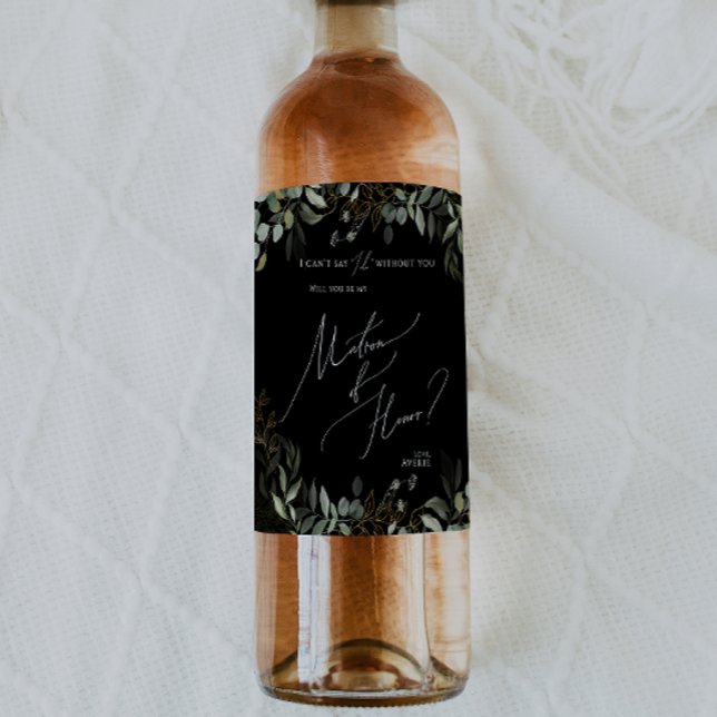Black Whimsical Grey Matron of Honor Frieri Vinflaska Etikett (Skapare uppladdad)