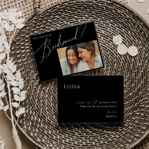 Black Whimsical Script Photo Bridesmaid Card Inbjudningar
