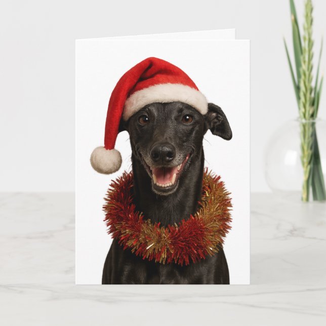 Black whippet in a Santa hat Christmas card Kort (Framsida)