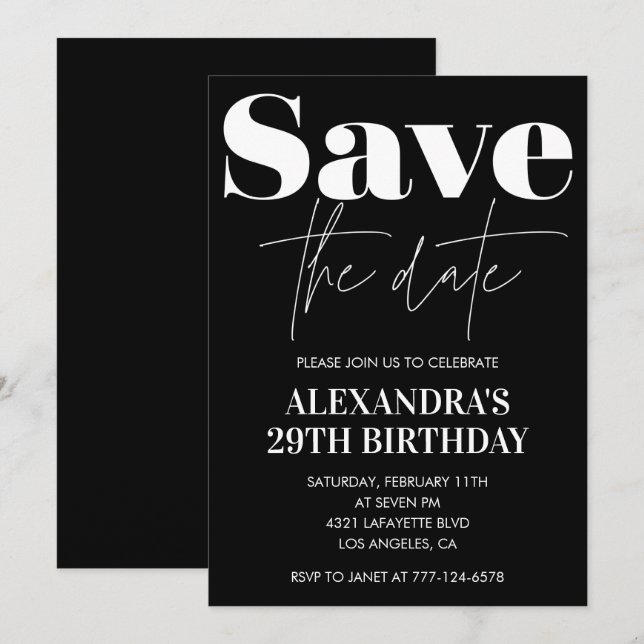 Black White 29th birthday invitation Save the date Inbjudningar (Fram/baksida)
