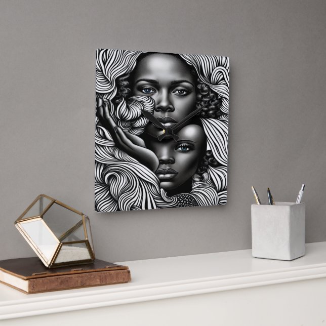 Black & White Abstrakt African American Women Fyrkantig Klocka (Kontor)