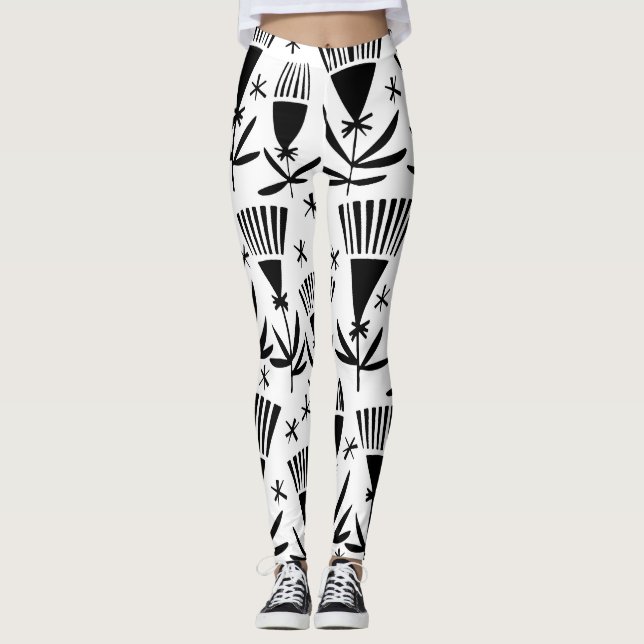 Black White Abstrakt Flowers: Elegant Mönster Leggings (Framsida)