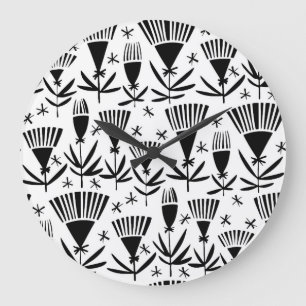 Black White Abstrakt Flowers: Elegant Mönster Stor Klocka