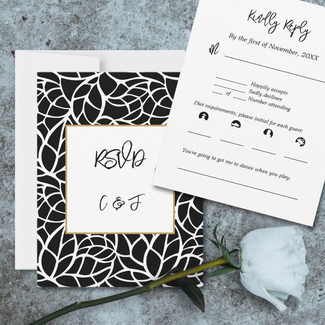Black White Abstrakt Foliage Mönster OSA kort (Black White Abstract Foliage Pattern RSVP Card)