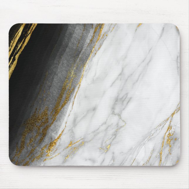 Black White Abstrakt Grått Carrara Guld Marble Musmatta (Framsidan)