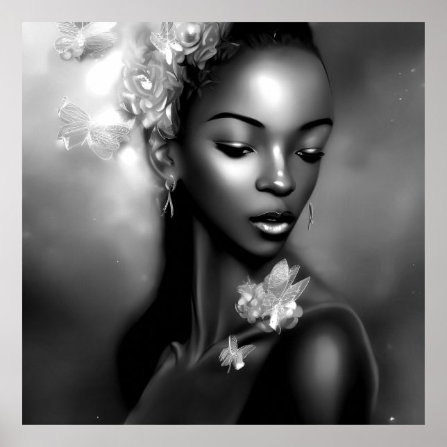 Black White African Girl, monokrome Butterfly 2 Poster (Framsidan)