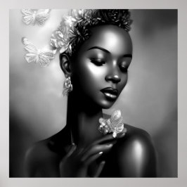 Black White African Girl, monokrome Butterfly Poster