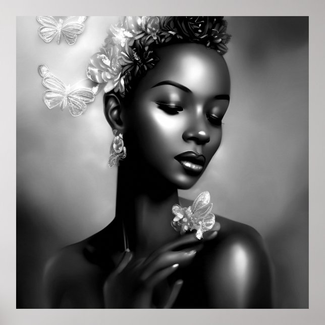 Black White African Girl, monokrome Butterfly Poster (Framsidan)
