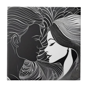 Black & White Älskare Romantic Embrace Silhouettes Kakelplatta