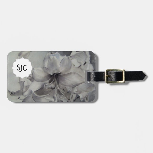 BLACK & WHITE AMARYLLIS LUGGAGE TAG BAGAGEBRICKA (Horisontell Framsida)