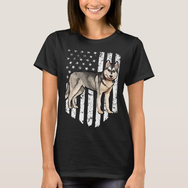 Black White American Flag Siberian Husky 4th Of Ju T Shirt (Framsida)