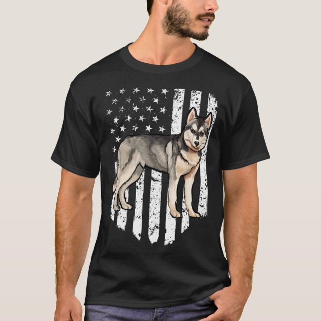 Black White American Flag Siberian Husky 4th Of Ju T Shirt (Framsida)