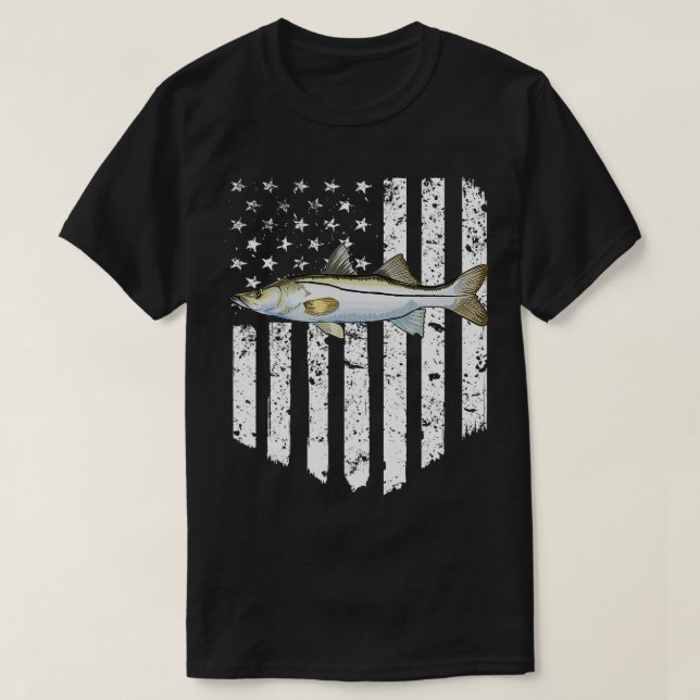Black White American Flagga Snook 4:e juli Fish T Shirt (Design framsida)
