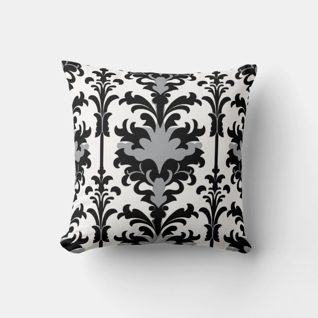 Black White and Grey Floral Damask style Kudde (Framsida)
