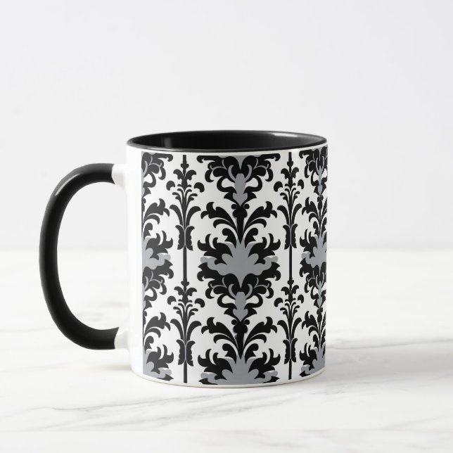 Black White and Grey Floral Damask style Mugg (Vänster)