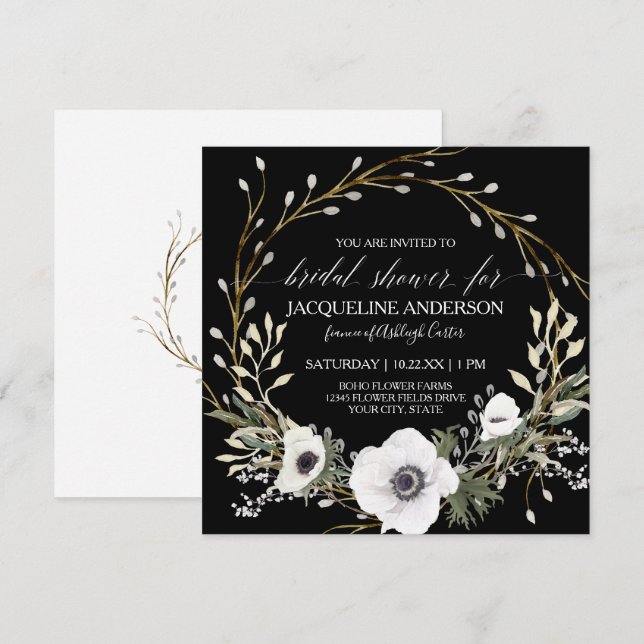 Black White Anemone Eucalyptus Greenery Möhippa Te Inbjudningar (Fram/baksida)