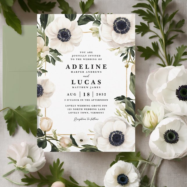 Black & White Anemone Flower Ivory Blommigt Bröllo Inbjudningar (White anemone flower wedding invitation, elegant botanic black and white ivory floral wedding invite)